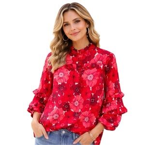 Crown & Ivy Red Poppy Floral Ruffle Blouse Keyhole Neck XS
F